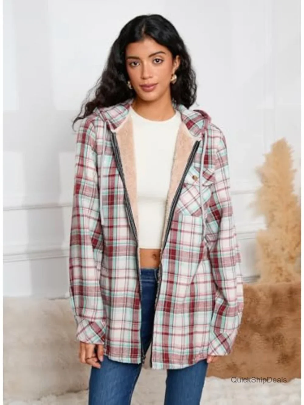 Women's Fleece Flannel Plaid Sherpa Hooded Jacket Full Zip Warm Winter